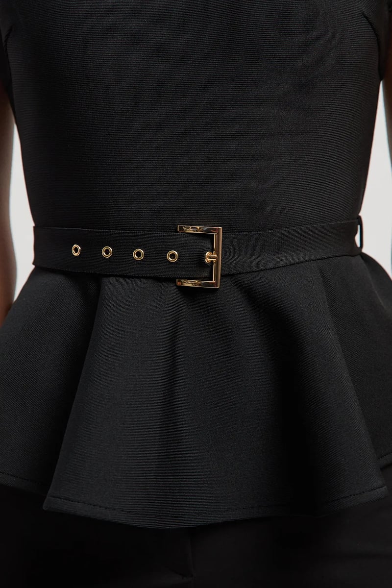 Black Sleeveless Peplum Top with Belt