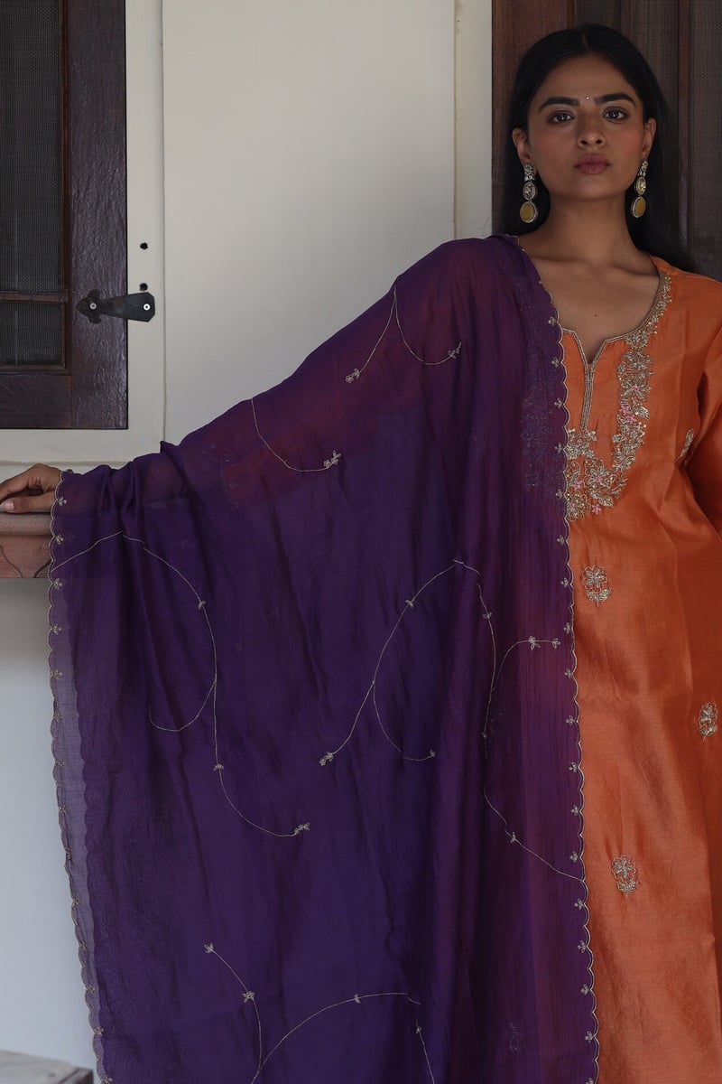 Rust Orange Zardozi Yoke Chanderi Silk Kurta Set