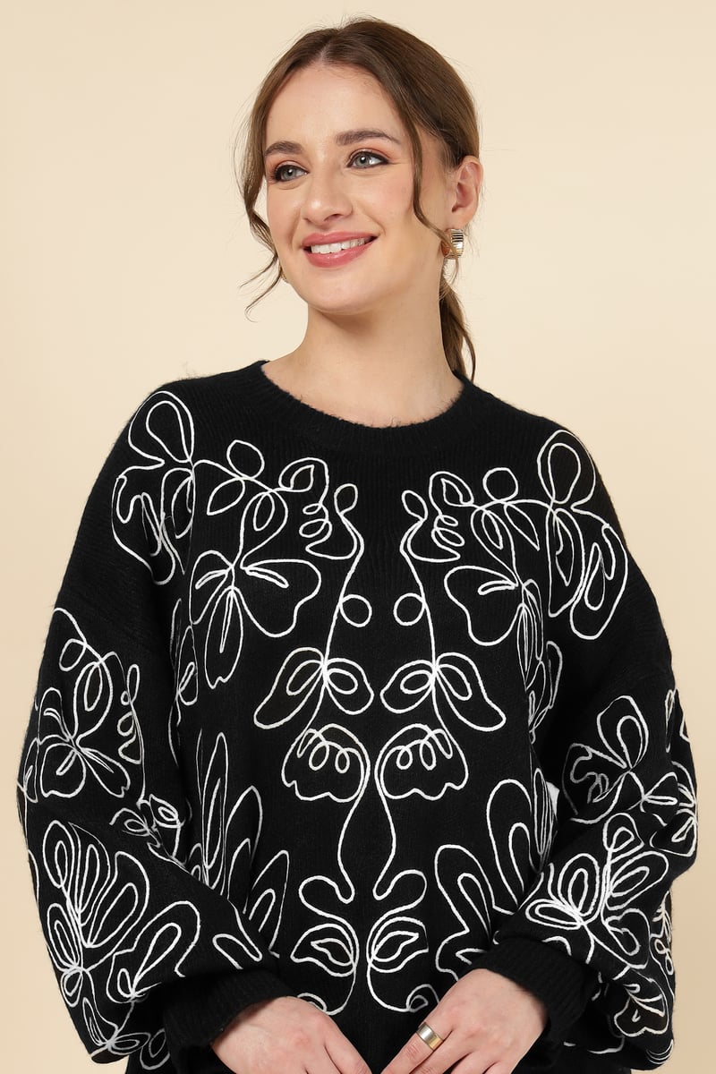 Black Abstract Line-Art Relaxed Fit Sweater