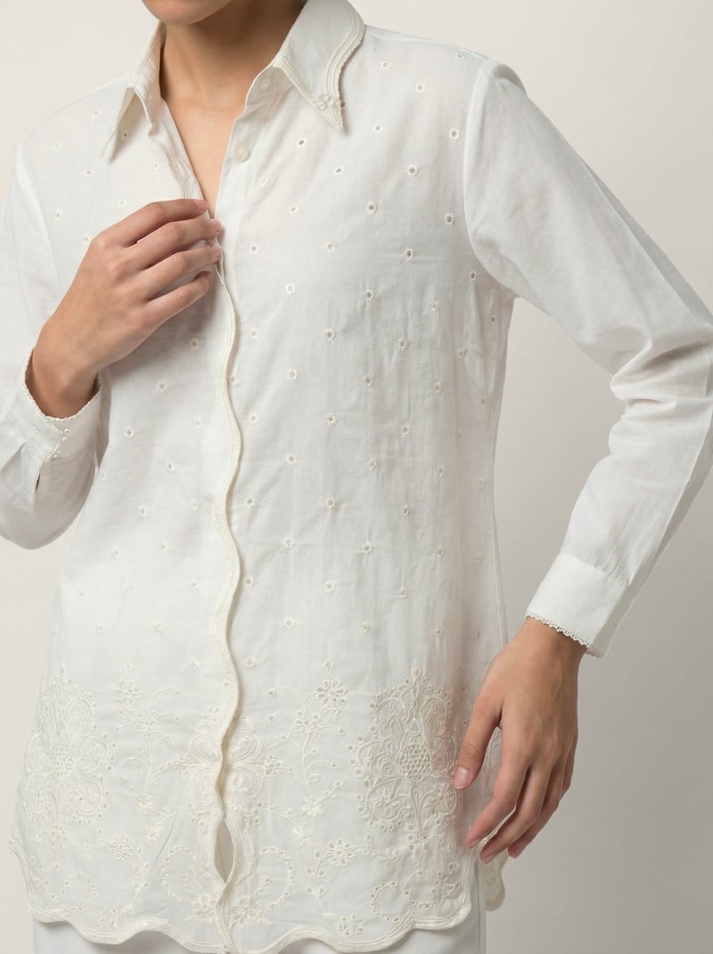 White Schiffli Shirt and Wide-Leg Pants Co-ord Set