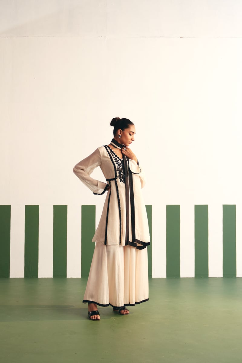 Ivory Anarkali Kurta Set with Black Embroidery
