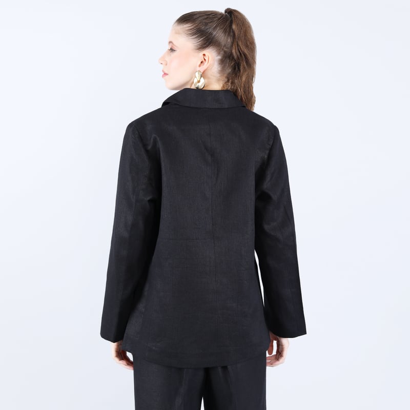 Black Linen Twill Applique Embroidered Blazer