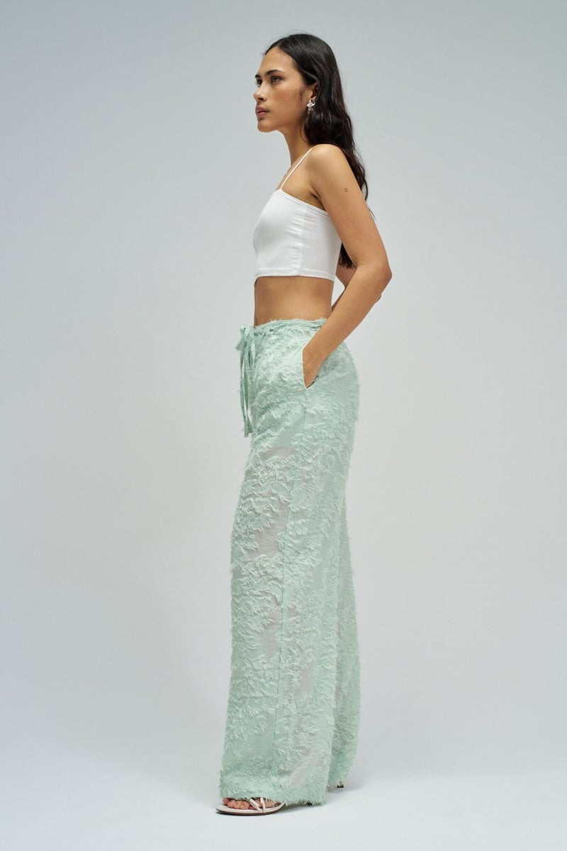 Light Green Textured Wide-Leg Drawstring Trousers