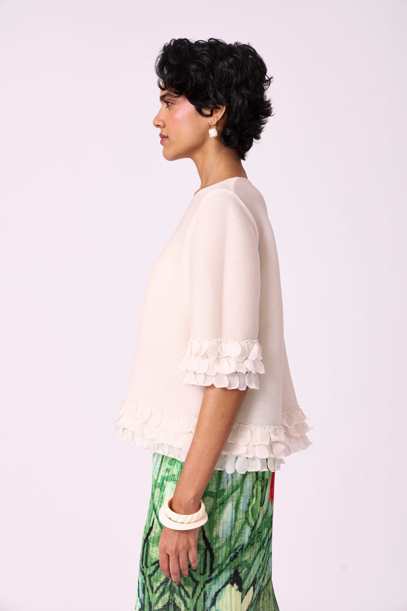 Ivory Pleated A-Line Top with Organza Scallop Hem