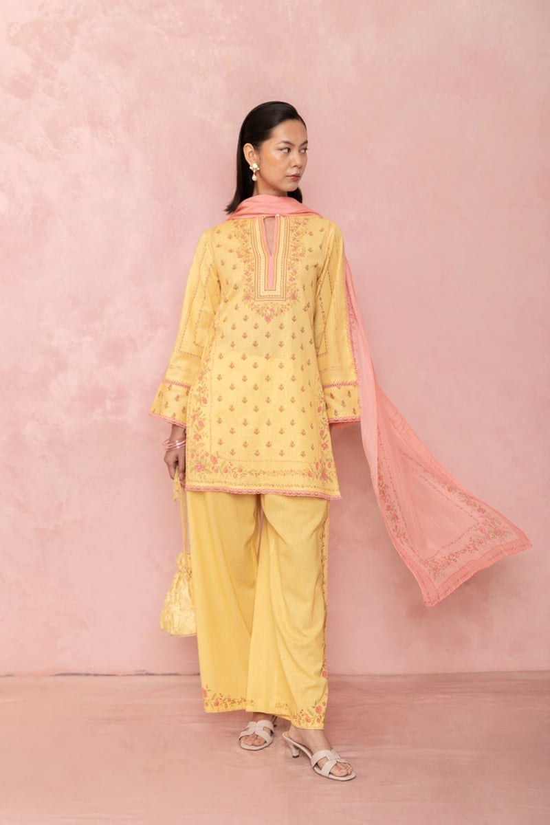Yellow Floral Printed Straight Kurta Set With Dupatta
