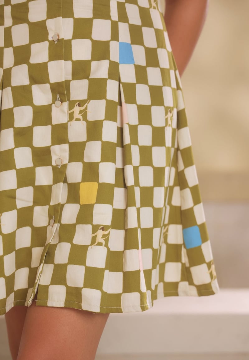 Green/White Checked Collared Button-Down Mini Dress