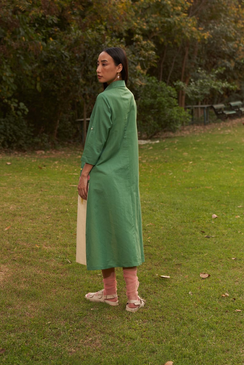 Green Two-Tone Midi Shirt Dress with Applique Detail