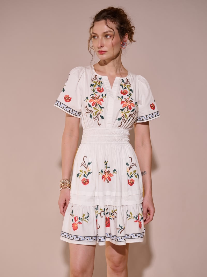 White Cotton Floral Embroidered Tiered Knee-Length Dress