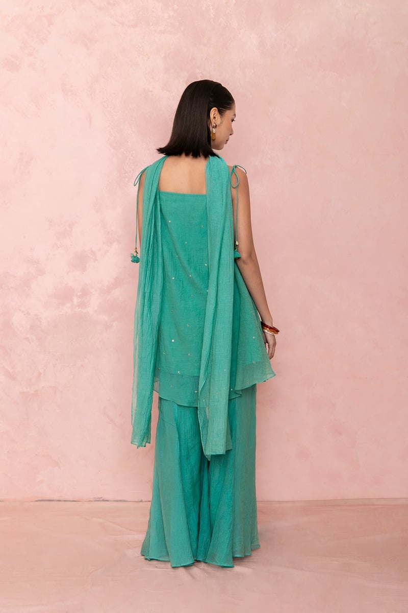 Green Square-Neck Kurta Sharara Suit Set with Dupatta