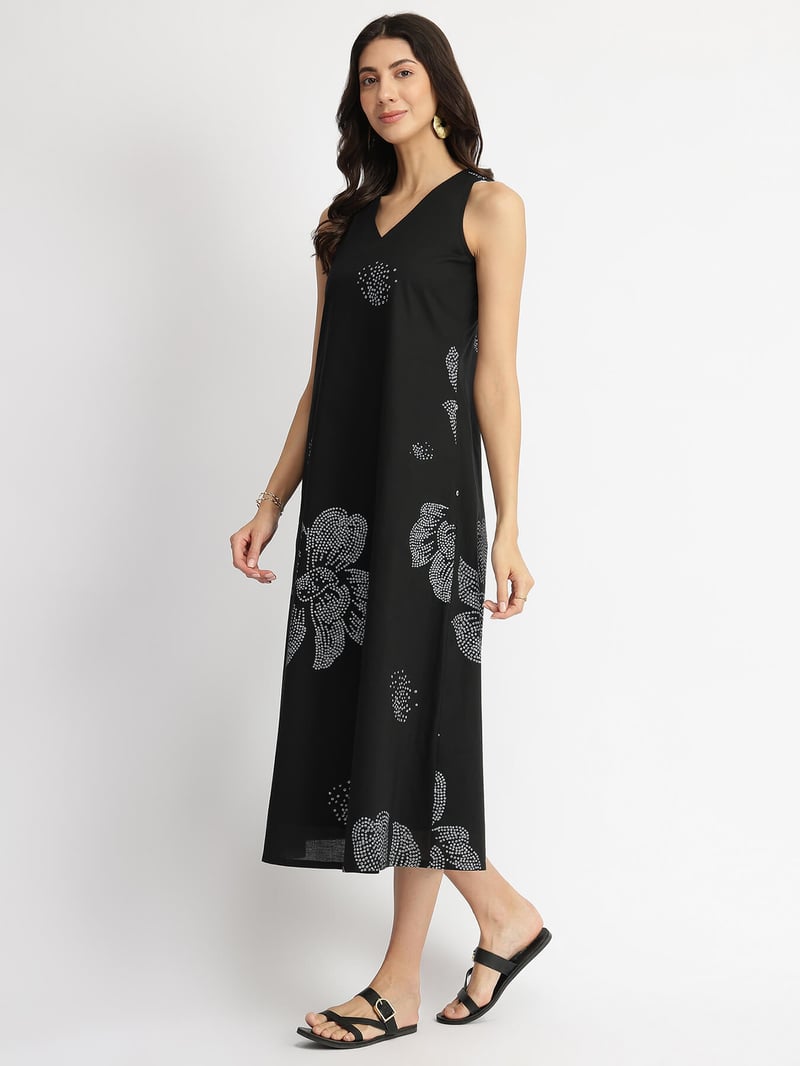 Black Cotton Bandhani Floral A-Line Midi Dress