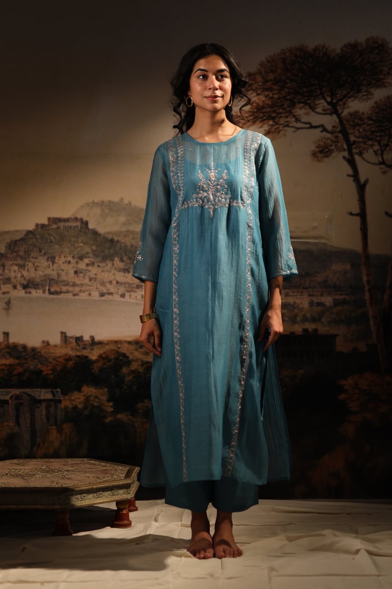 Turquoise Embroidered Chanderi Kurta Set with Slip