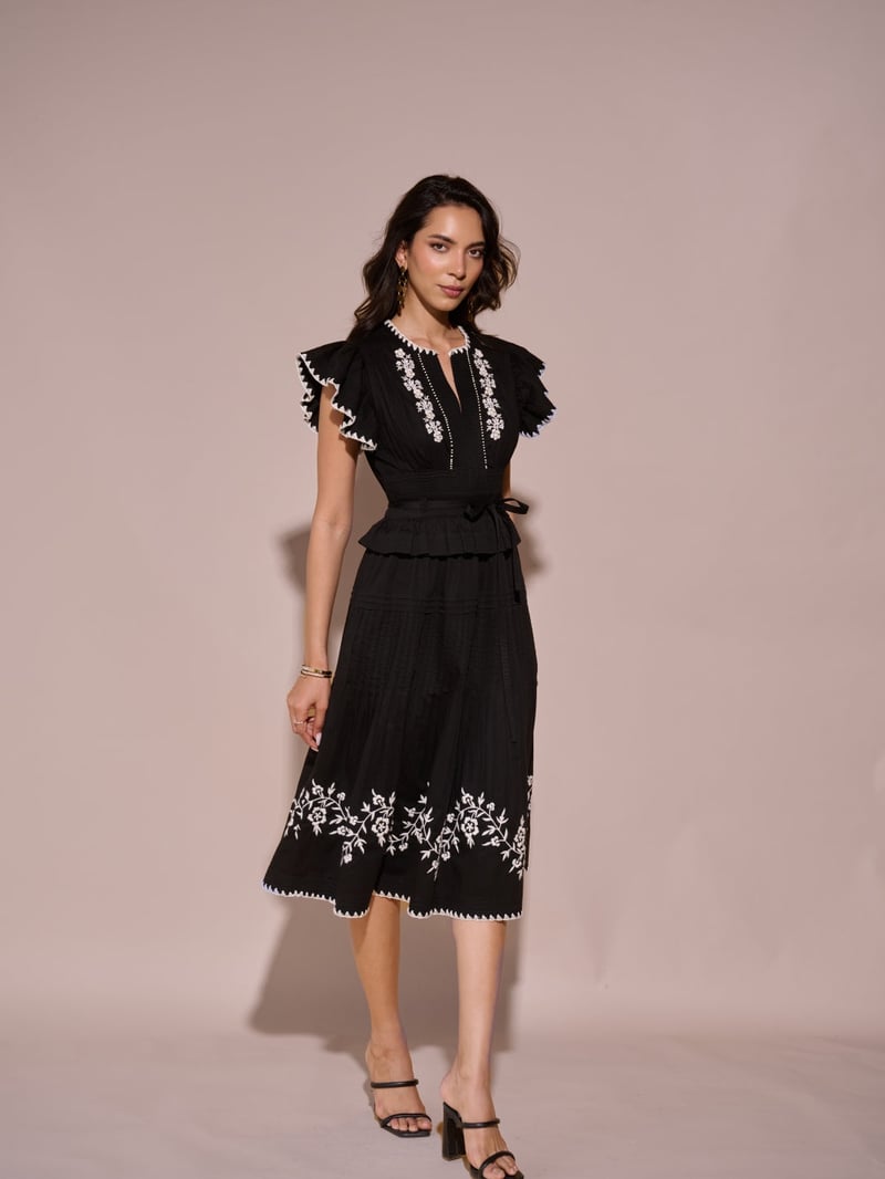 Black Embroidered Fit and Flare Midi Dress