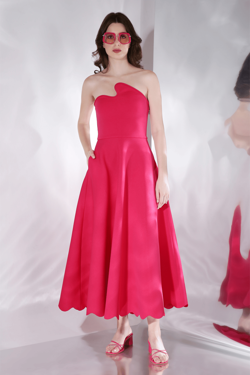 Hot Pink Fit and Flare Midi Dress with Detachable Bow