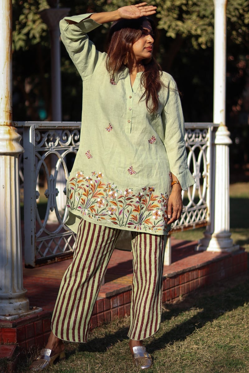 Green Linen Embroidered Tunic and Striped Pants Co-ord Set