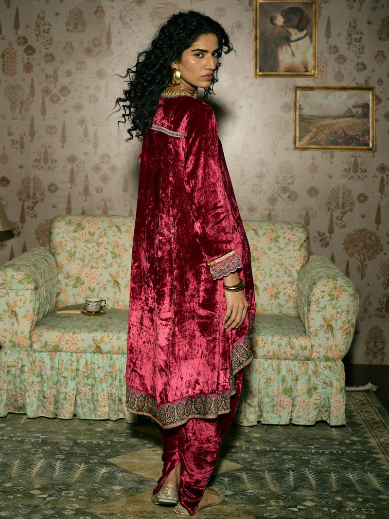 Maroon Velvet High-Low Kurta Set with Dhoti Bottom