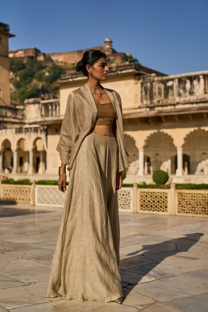 Gold Metallic Tissue Shrug with Draped Lapel Collar