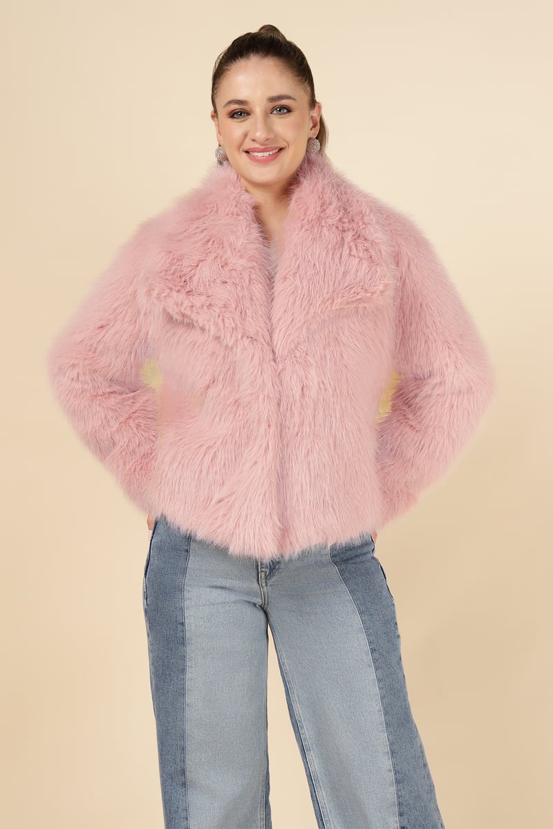 Pink Cropped Faux-Fur Jacket with Lapel Collar