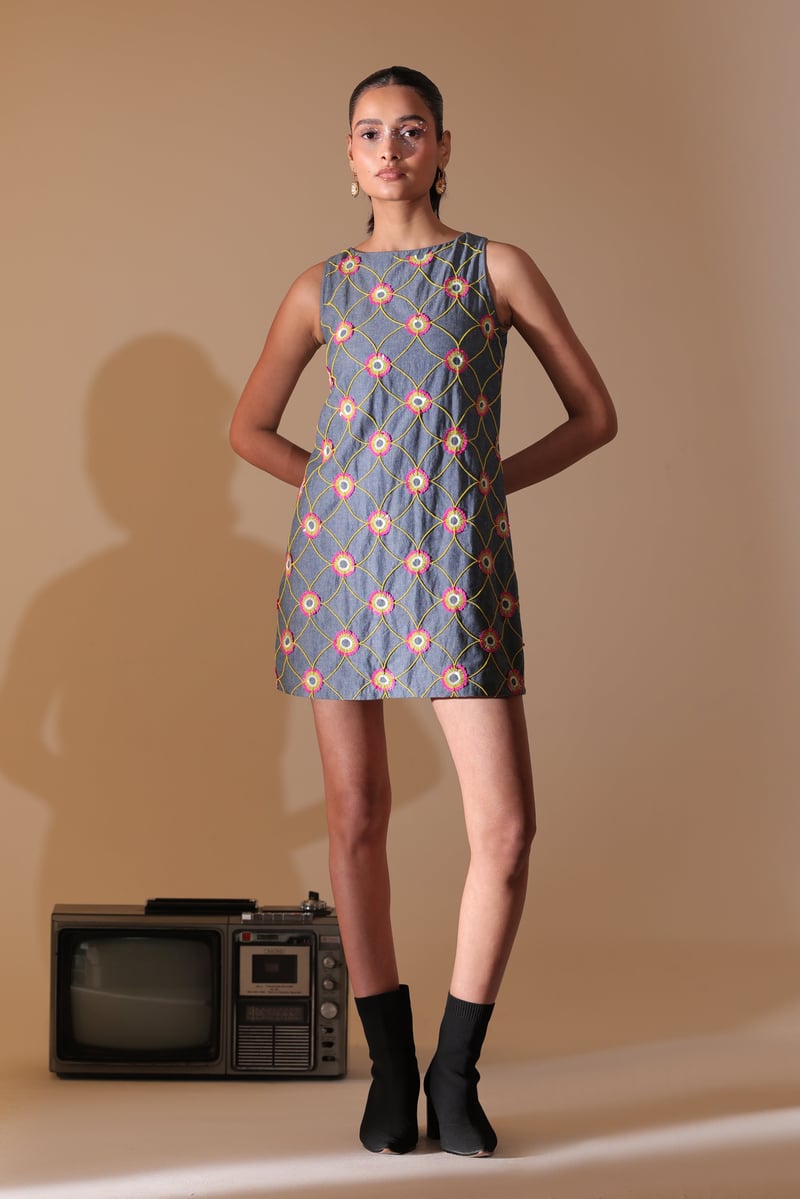 Blue Denim Embroidered Daisy Lattice Shift Mini Dress