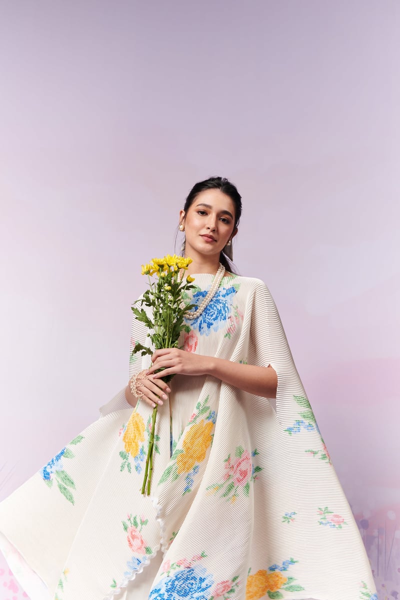 Ivory Pleated Satin Cape with Floral Motifs