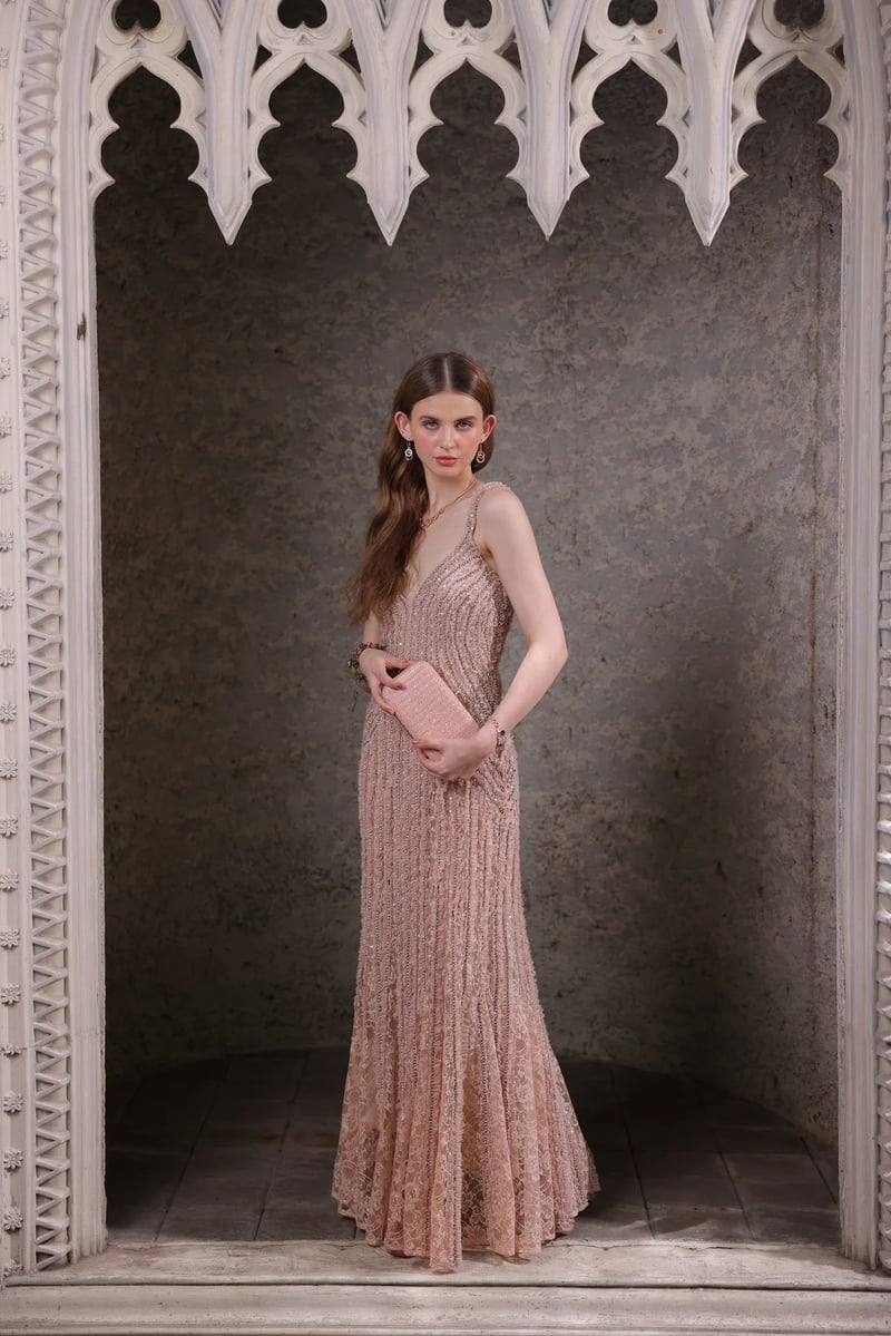 Peach Hand-Beaded Lace Maxi Gown