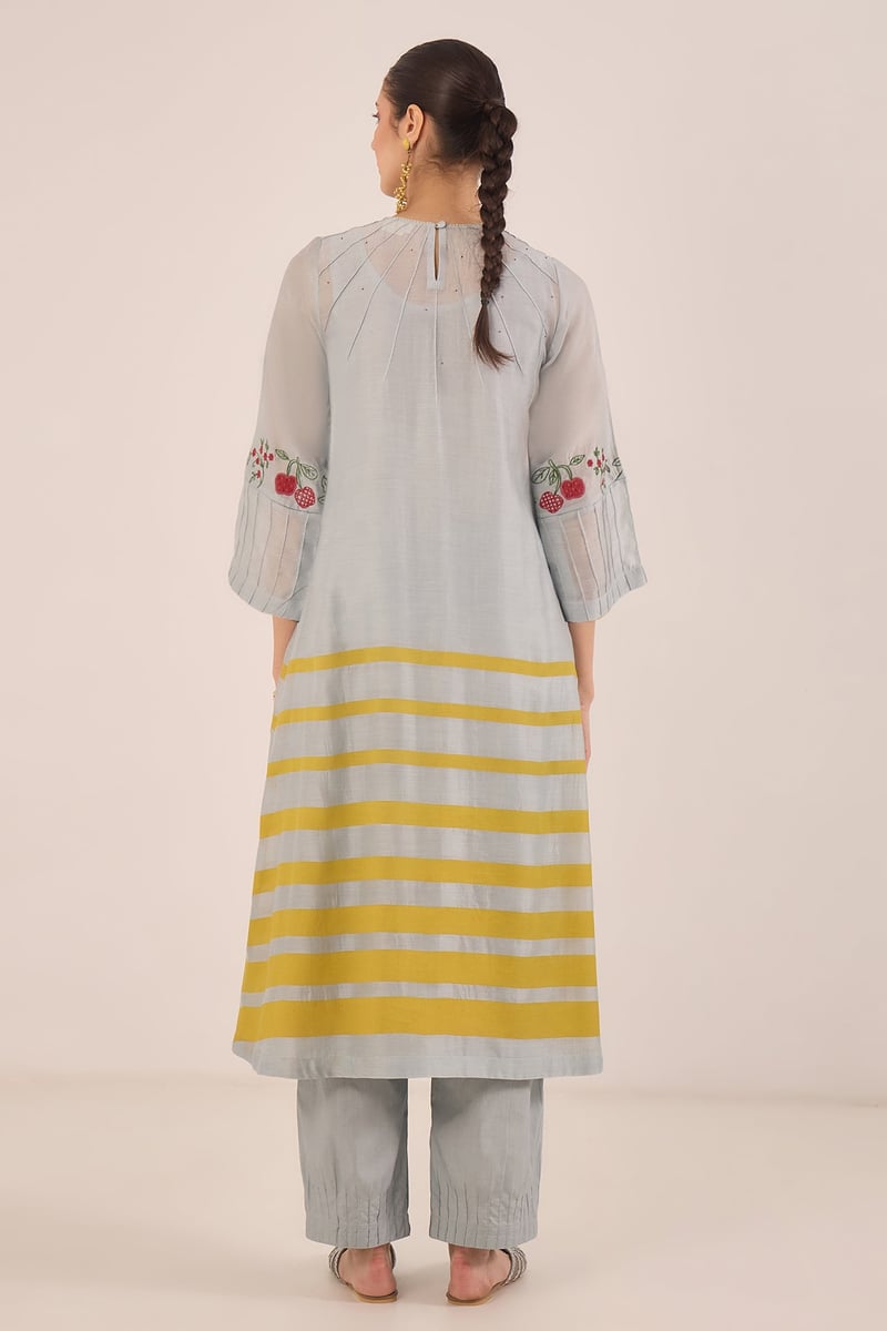 Powder Blue Chanderi Striped Embroidered Kurta Set