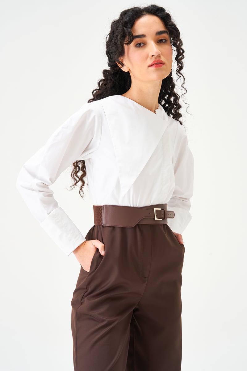White and Brown Colorblocked Belted Wide-Leg Jumpsuit