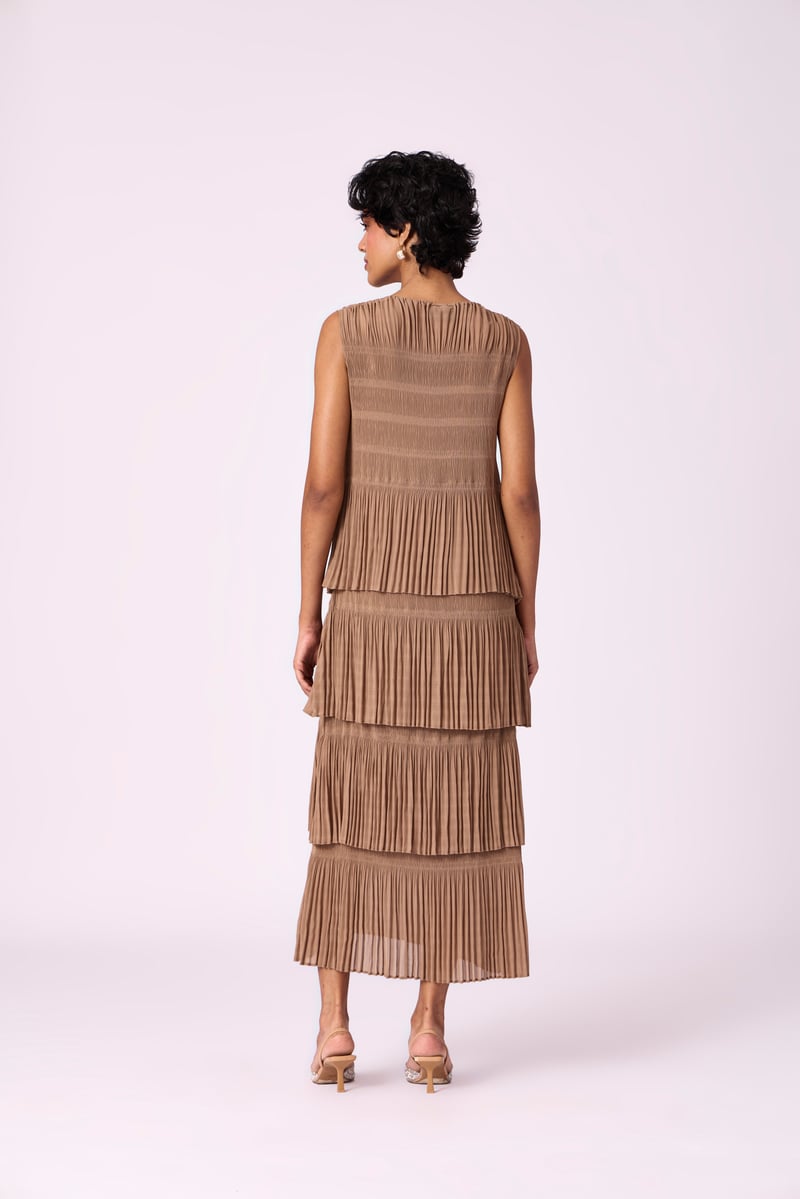 Taupe Tiered Pleated Chiffon Maxi Dress