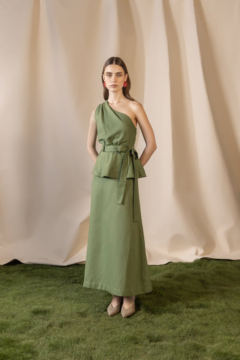 Green One-Shoulder Peplum Top and Maxi Skirt Co-ord Set