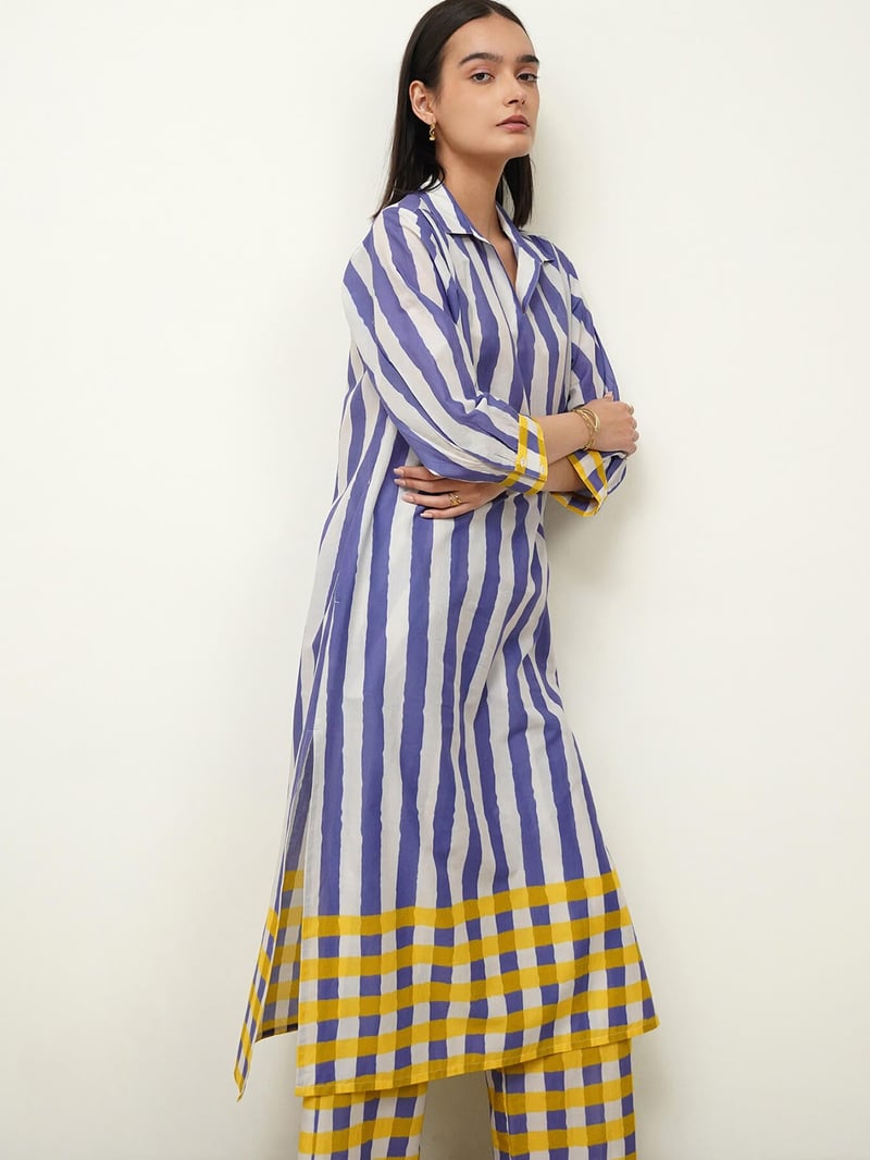 Cotton Stripe Play Shirt Collar Kurta Set