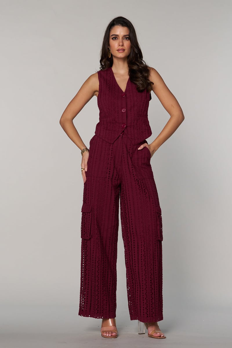Wine Schiffli Cutwork Button-Front Tailored Waistcoat — Style Island