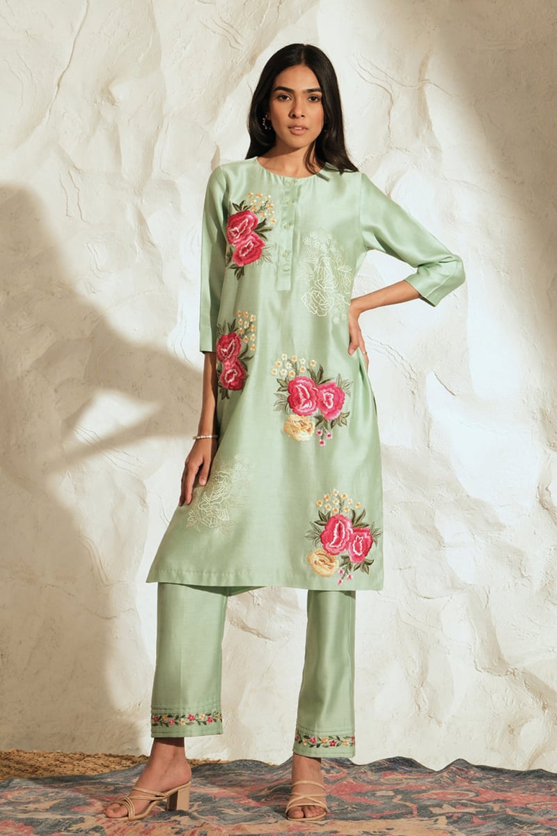 Pastel Green Chanderi Embroidered Straight Kurta Set