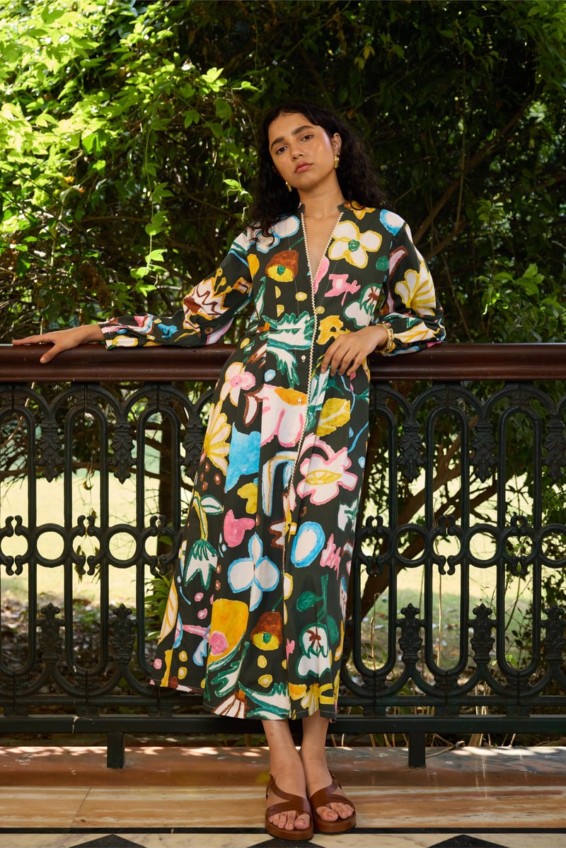 Deep Green Tropical Floral Button-Front Midi Dress