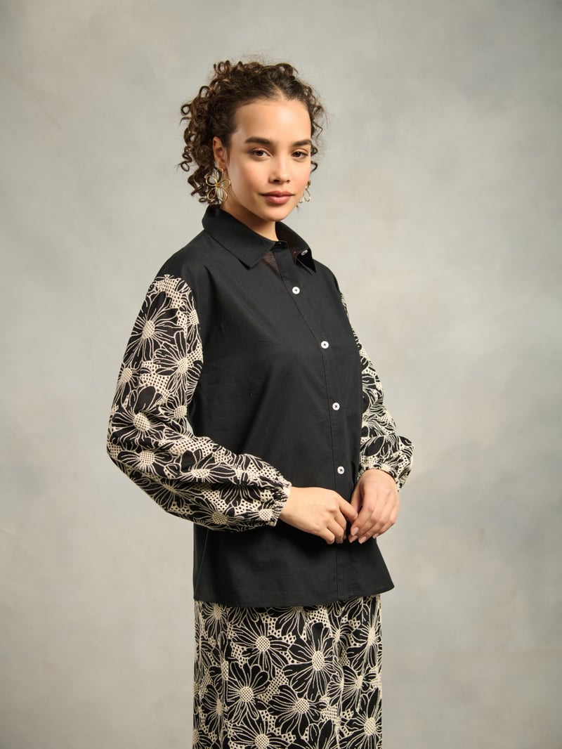 Black Cotton Schiffli Cutwork Sleeve Button-Down Shirt