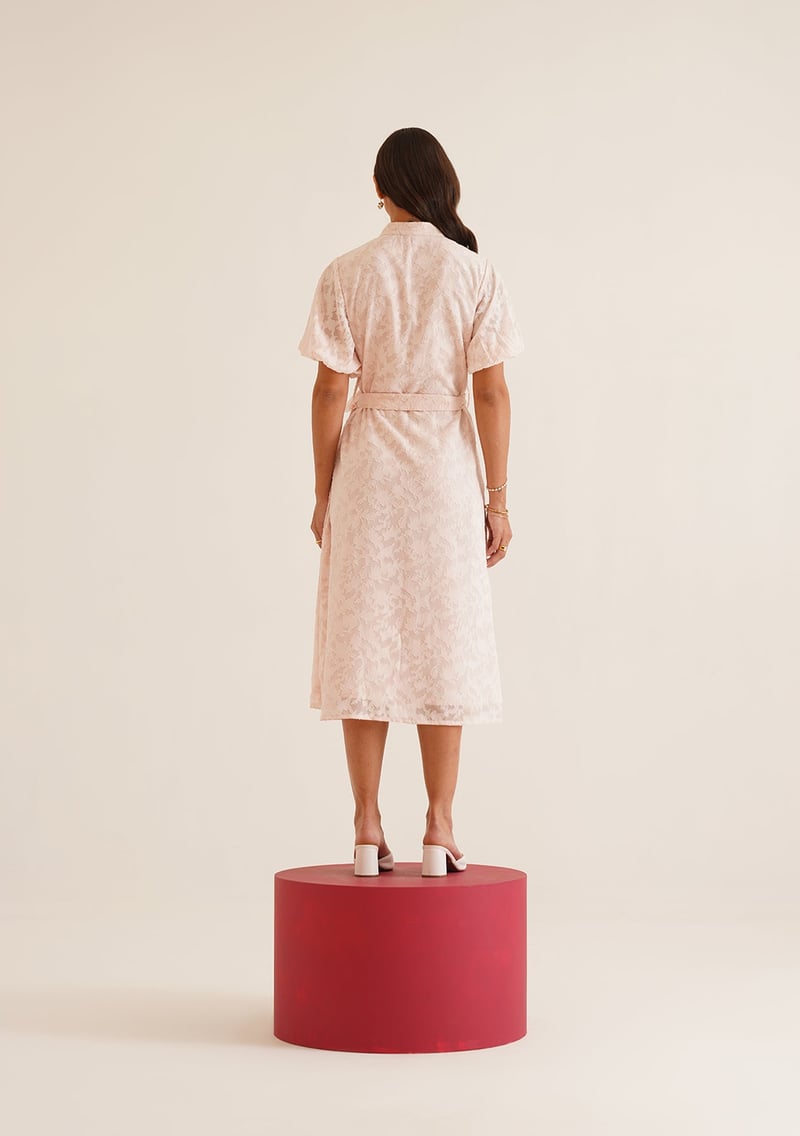 Baby Pink Textured Button-Front Midi Dress with Belt