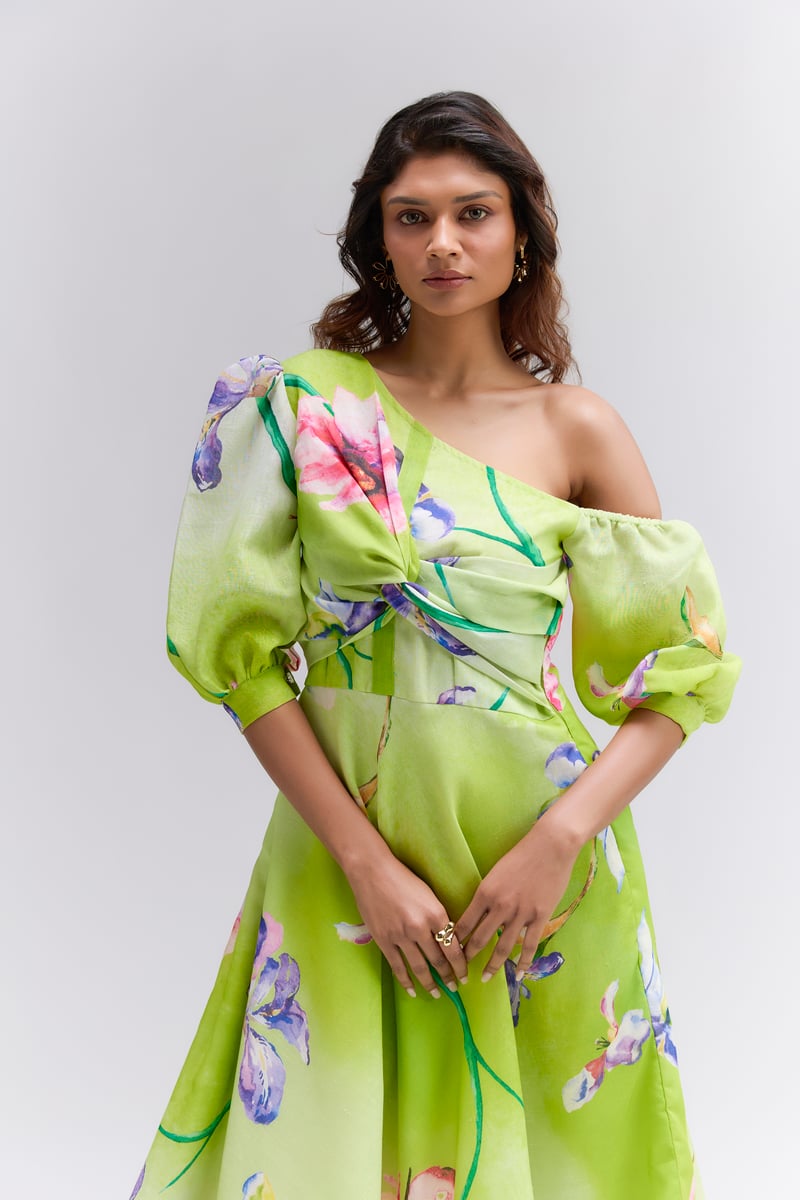 Lime Green Floral Midi One Shoulder Dress