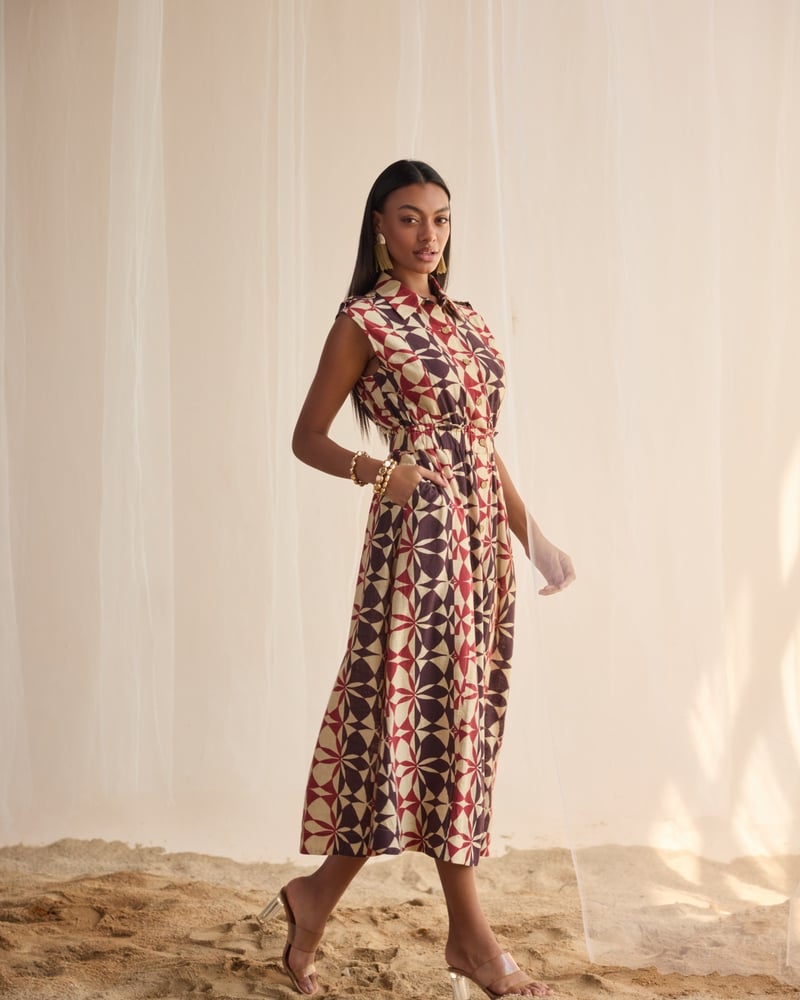 Beige Geometric Printed Sleeveless Shirt Midi Dress