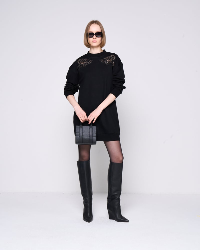 Black Longline Sweatshirt Dress with Shoulder Applique