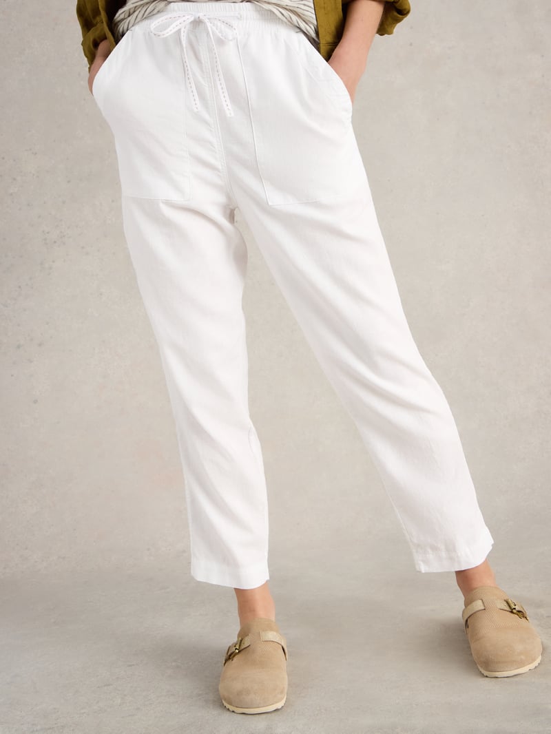 Brilliant White Linen-Blend Drawstring Straight-Leg Trousers