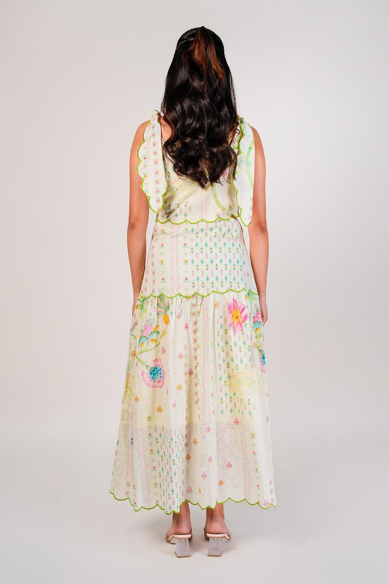 Ivory/Green Cotton Hakoba Scalloped Midi Sundress