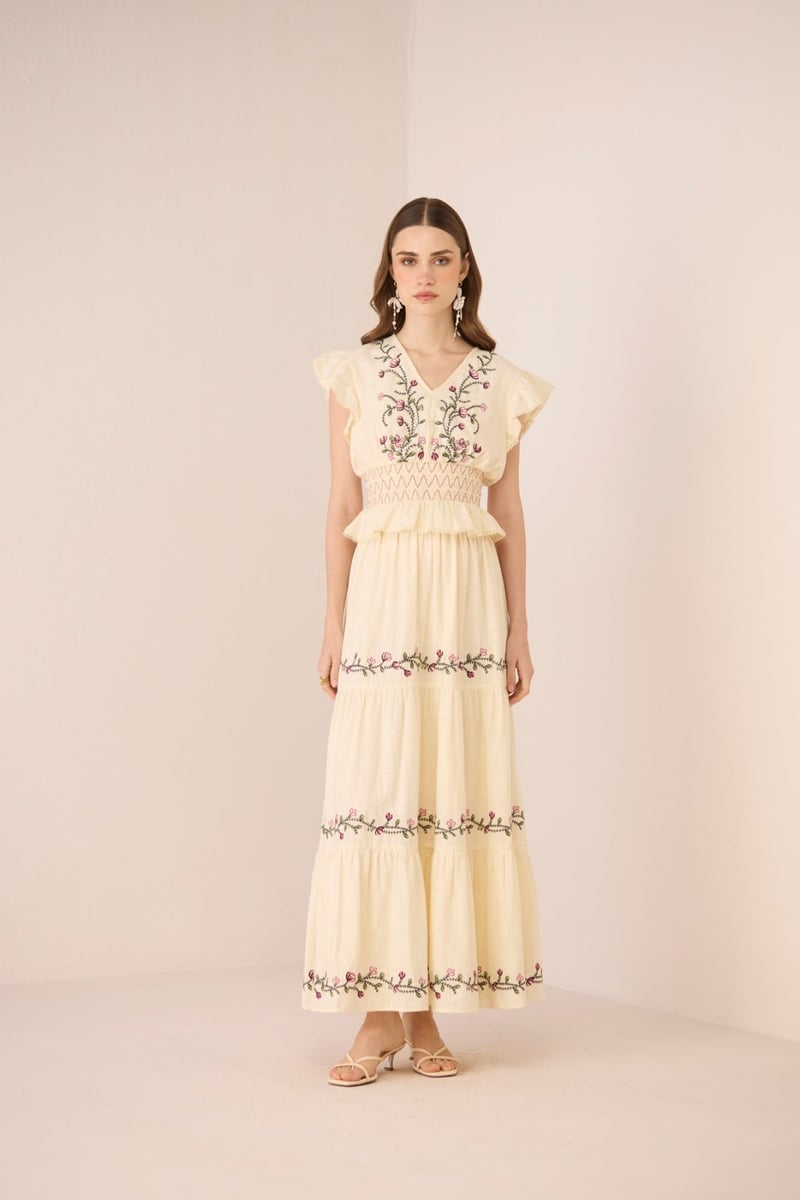 Cream Cotton Tiered Embroidered Maxi Skirt — Calling June