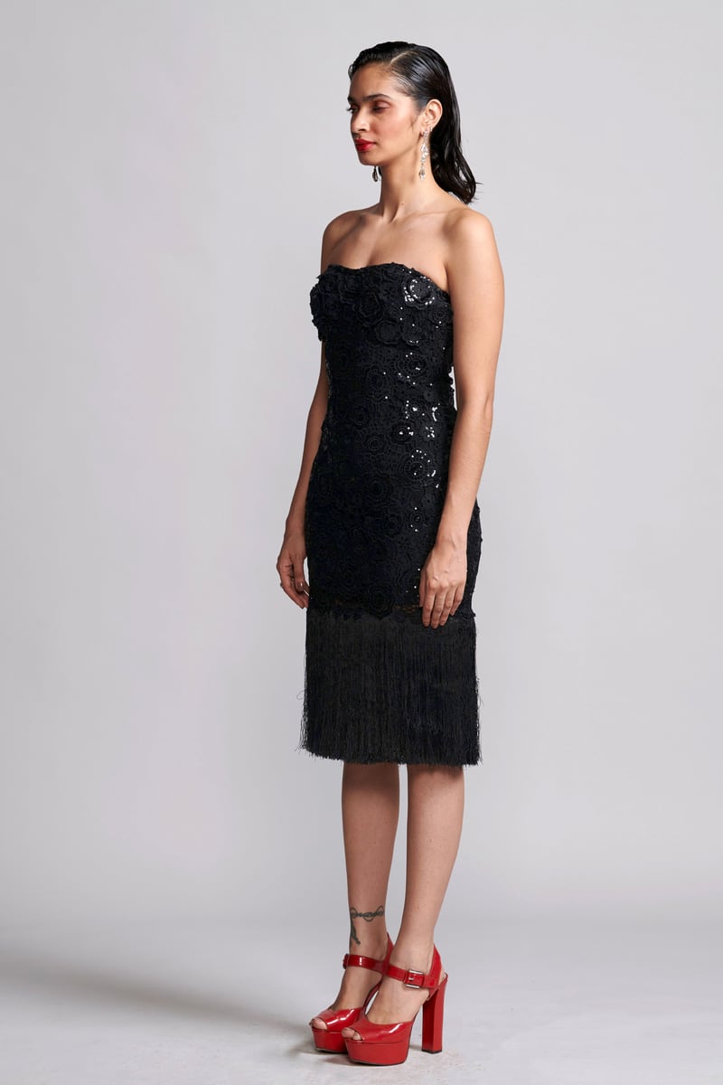 Black Strapless Sequin Lace Fringe Hem Midi Dress