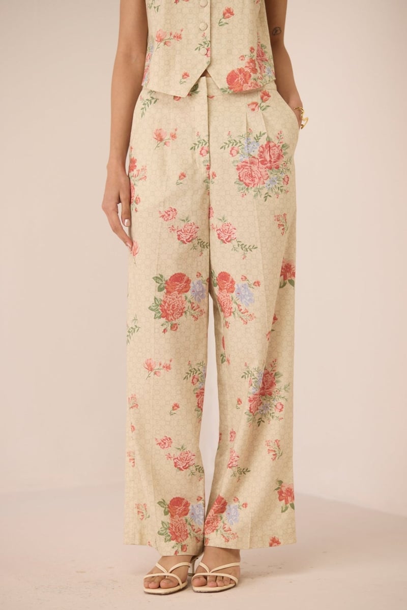 Garden Trellis Cotton-Linen Floral Wide-Leg Trousers