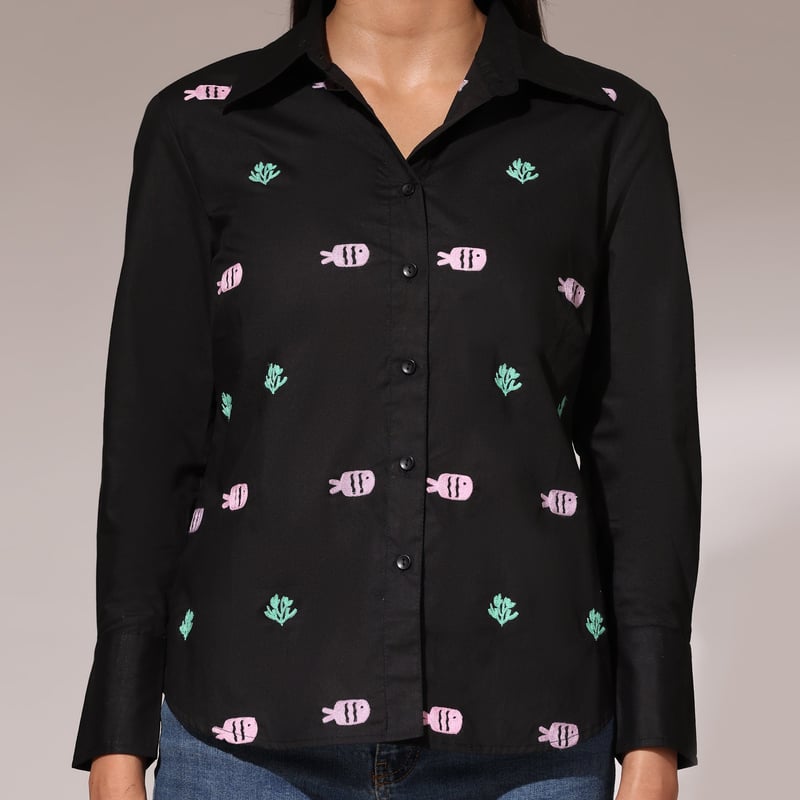 Black Cotton Fish Embroidered Button-Down Shirt