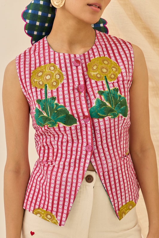 Multicolor Floral Block Print Cropped Waistcoat