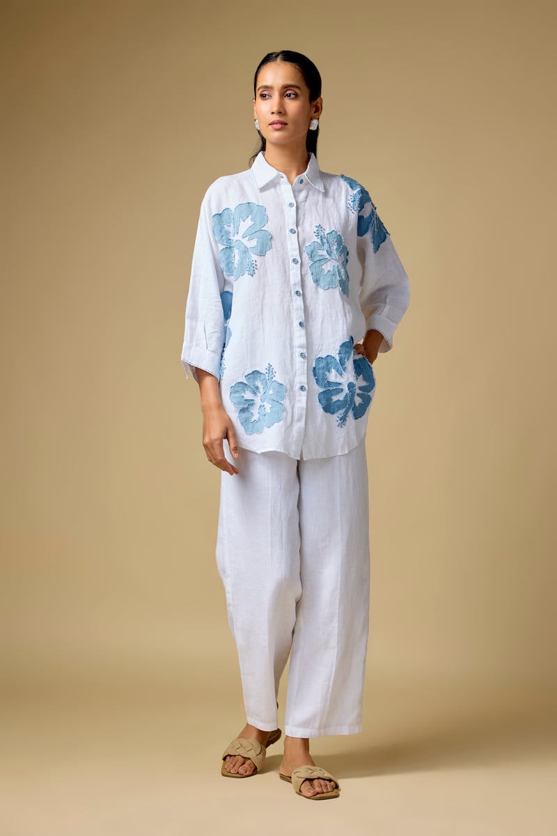 White Linen Shirt with Blue Floral Applique