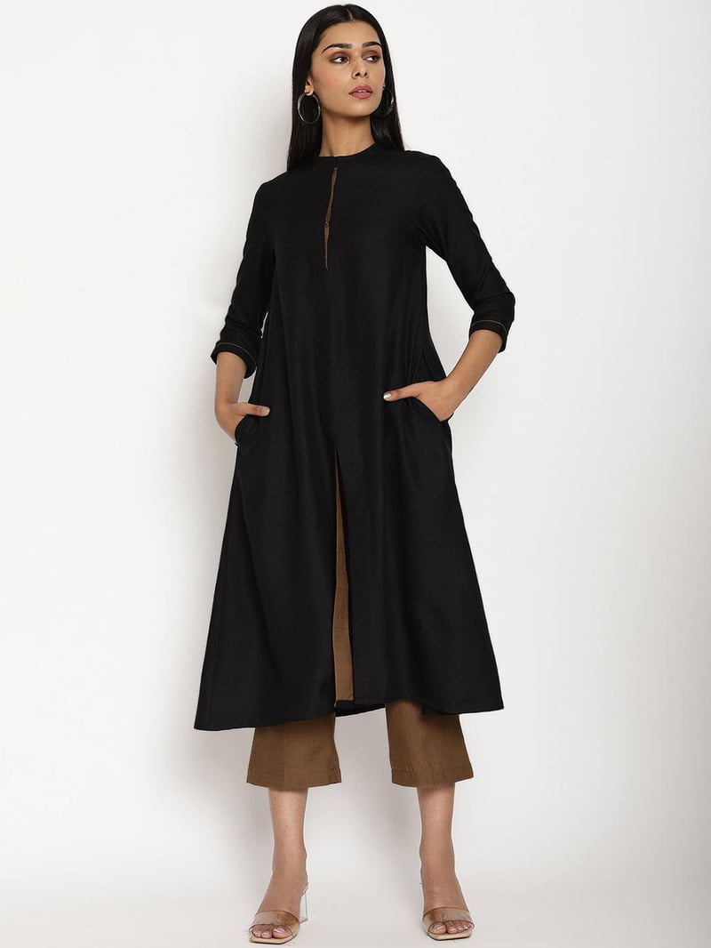 Black Cotton Linen Flared Kurta Pant Set