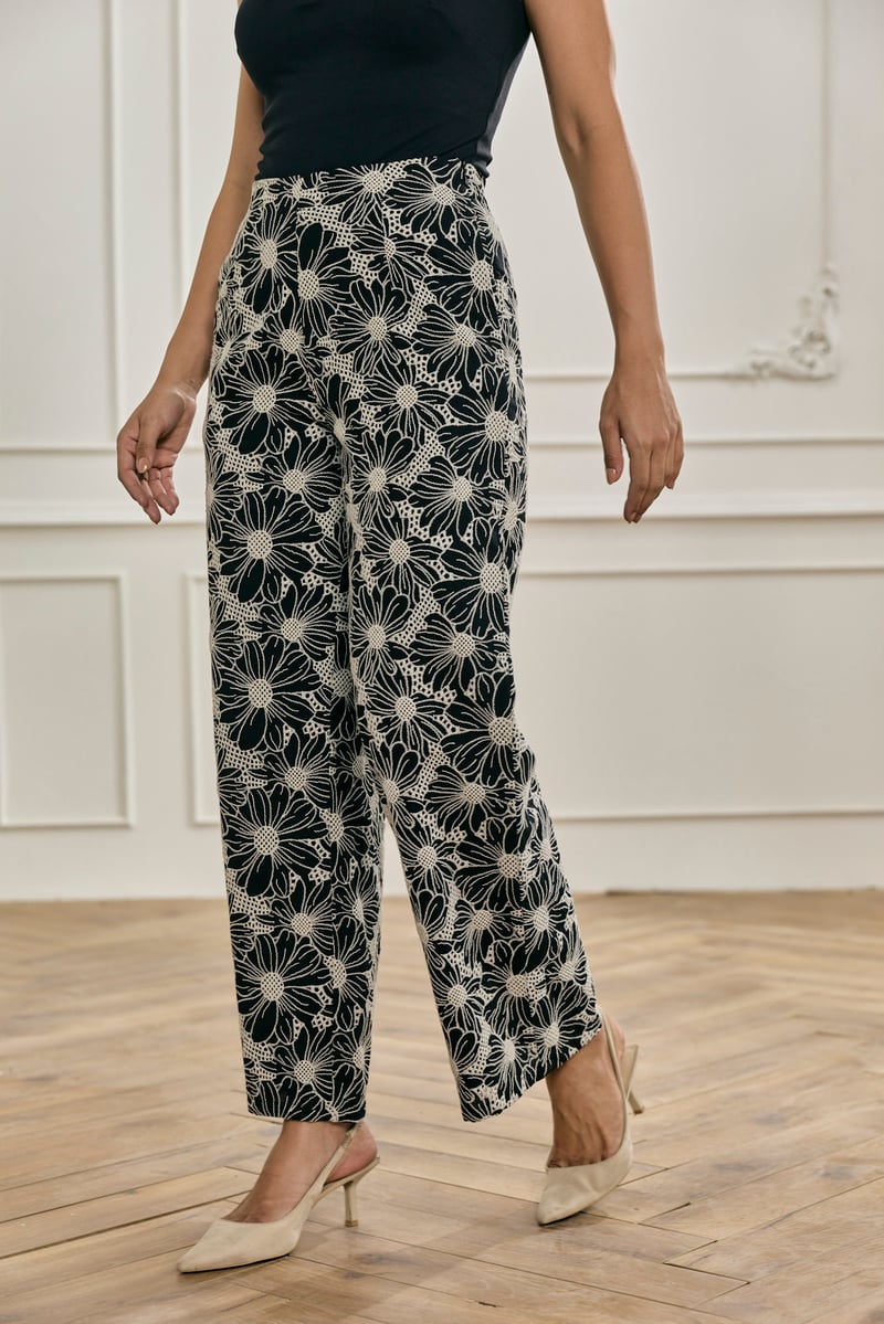 Black Schiffli Embroidered Wide-Leg Cotton Trousers