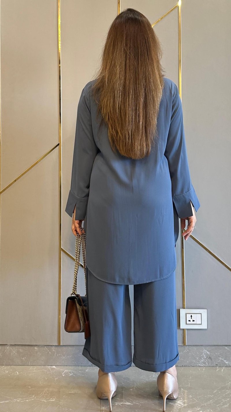 Steel Blue Georgette Shirt and Wide-Leg Pants Co-ord Set