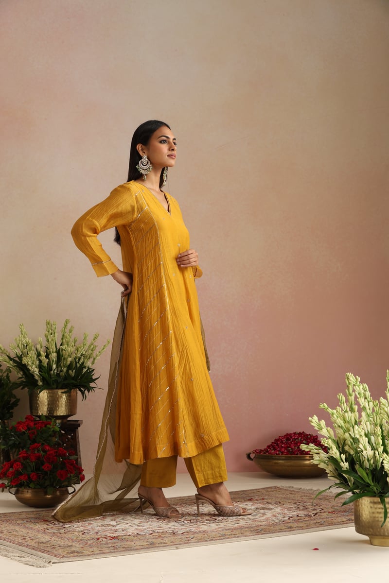 Mustard Yellow Silk Chanderi A-Line Kurta Set