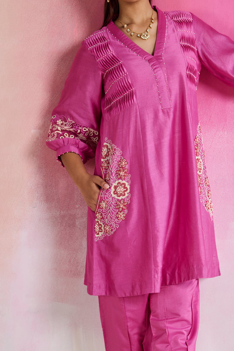 Pink Chanderi Embellished A-Line Kurta Set